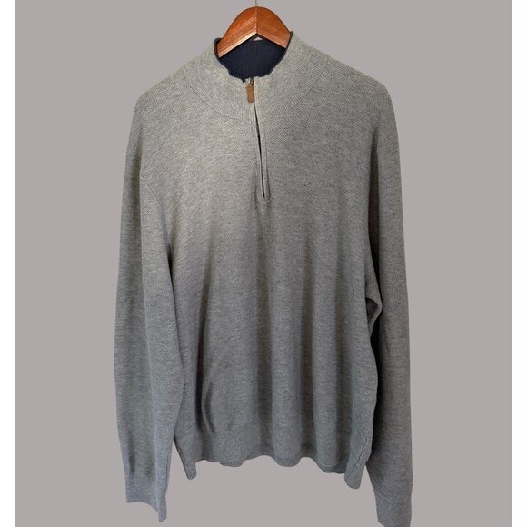 Bloomingdales Mens Gray 1/4 Zip Sweater XXL Genuine Leather Trim Cotton - Picture 2 of 6